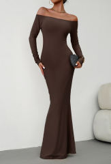 Coffee Off Shoulder Long Sleeve Maxi Dress
