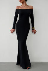 Black Off Shoulder Long Sleeve Maxi Dress