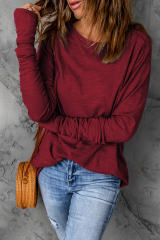 Red Solid Crew Neck Long Sleeve Top