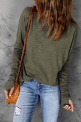 Green Solid Crew Neck Long Sleeve Long Sweatshirt