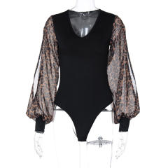 Black Splicing Leopard Long Sleeve Retro Bodysuit TQX551117-2