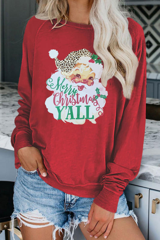 Red Merry Christmas Santa Claus Print Pullover Sweatshirt