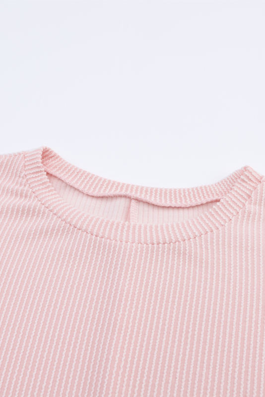 Pink Ribbed Roll-tab Sleeve Chest Pocket Oversize Top