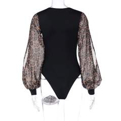Black Splicing Leopard Long Sleeve Retro Bodysuit TQX551117-2