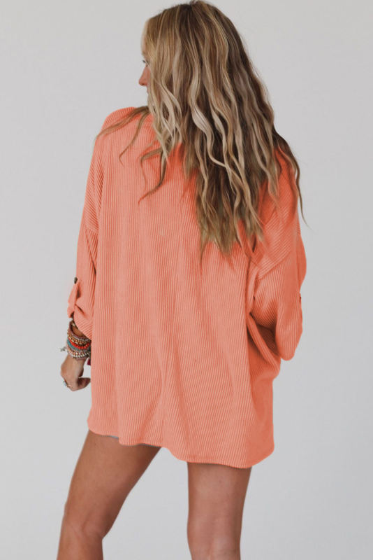 Orange Ribbed Roll-tab Sleeve Chest Pocket Oversize Top