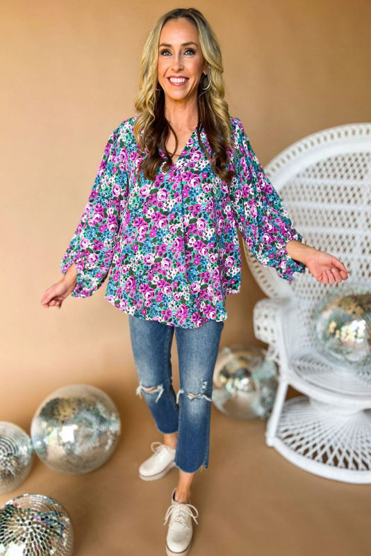 Multicolor Boho Floral Print V-Neck Long Sleeve Blouse