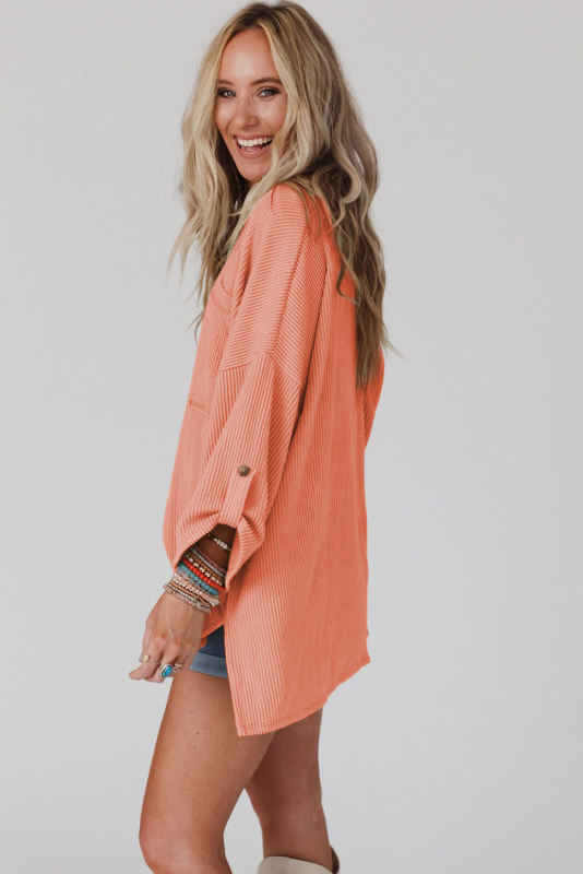 Orange Ribbed Roll-tab Sleeve Chest Pocket Oversize Top