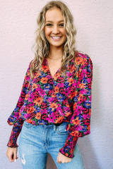 Floral Print Wrap V Neck Long Sleeve Bodysuit