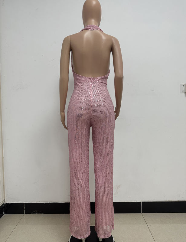 Pink Deep V Neck Pile Collar Backless Sequined Jumpsuit