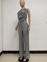 Grey Deep V Neck Pile Collar Backless Sequined Jumpsuit TQK550310-11