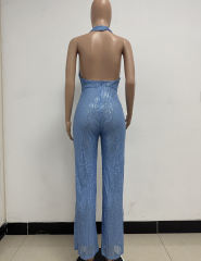 Sky Blue Deep V Neck Pile Collar Backless Sequined Jumpsuit
