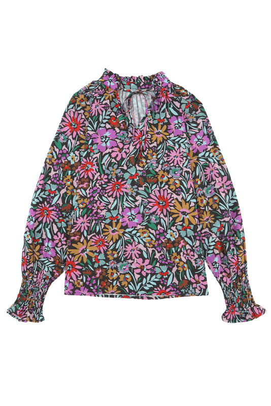 Multicolor Floral Print Ruffled Long Sleeve V-Neck Blouse