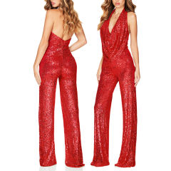 Red Deep V Neck Pile Collar Backless Sequined Jumpsuit TQK550310-3