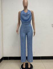 Sky Blue Deep V Neck Pile Collar Backless Sequined Jumpsuit