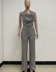 Grey Deep V Neck Pile Collar Backless Sequined Jumpsuit TQK550310-11