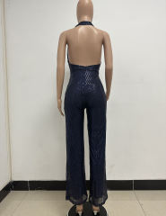Navy Blue Deep V Neck Pile Collar Backless Sequined Jumpsuit