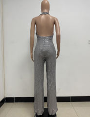 Grey Deep V Neck Pile Collar Backless Sequined Jumpsuit TQK550310-11