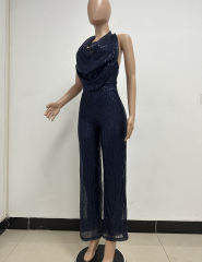 Navy Blue Deep V Neck Pile Collar Backless Sequined Jumpsuit