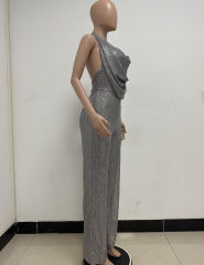 Grey Deep V Neck Pile Collar Backless Sequined Jumpsuit TQK550310-11