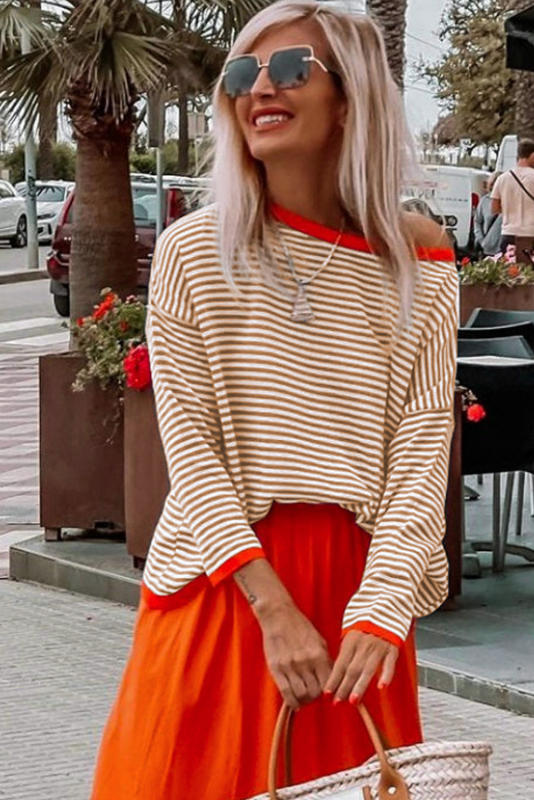 Brown Contrast Trimmed Striped Drop Shoulder Sweater