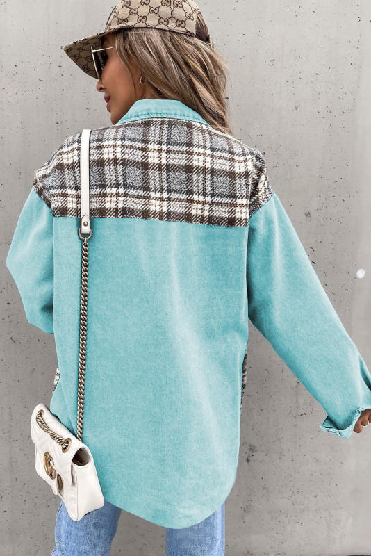 Sky Blue Plaid Patchwork Pockets Denim Jacket