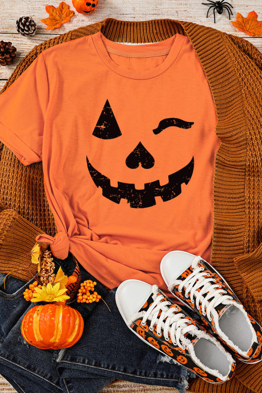 Orange Halloween Pumpkin Face Print Crew Neck T Shirt