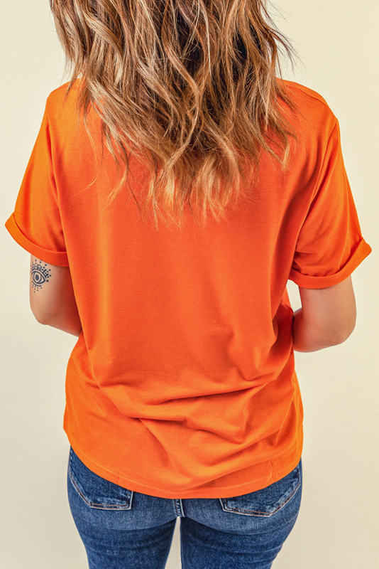 Orange Halloween Pumpkin Face Print Crew Neck T Shirt