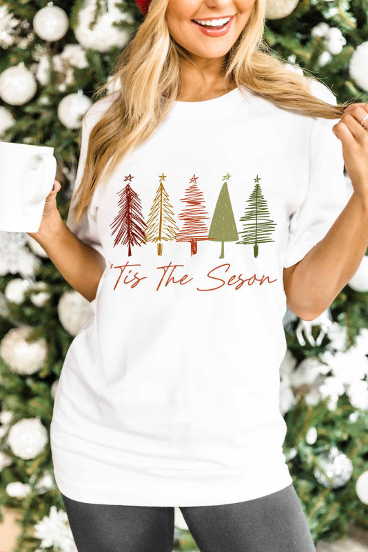 White Cute Christmas Trees Print Crew Neck T Shirt