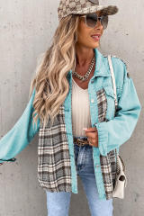 Sky Blue Plaid Patchwork Pockets Denim Jacket
