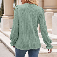 Pea Green Color Jacquard Knitted Long Sleeve Tops
