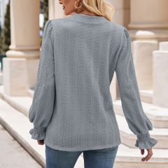 Gray Solid Color Jacquard Knitted Long Sleeve Tops