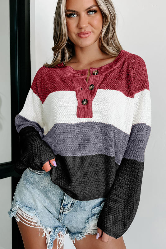 Multicolor Loose Colorblock Knitted Henley Sweater