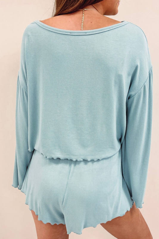 Sky Blue Long Sleeve Top &amp; Shirred High Waist Shorts Set