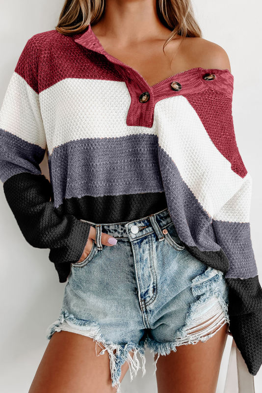 Multicolor Loose Colorblock Knitted Henley Sweater