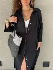 Black Button-up Pocket Shirt Dress with Slit