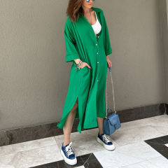 Green Button-up Pocket Shirt Dress with Slit