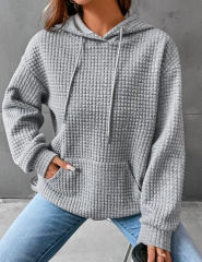 Gray Solid Color Drawstring Long Sleeve Hoodie
