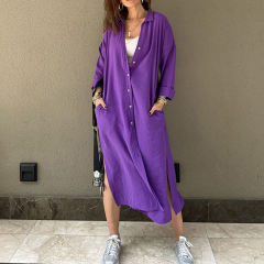 Purple Button-up Pocket Shirt Dress with Slit