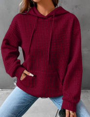 Wine Red Solid Color Drawstring Long Sleeve Hoodie