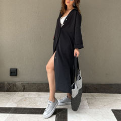 Black Button-up Pocket Shirt Dress with Slit