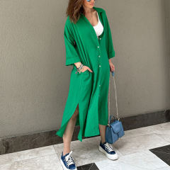 Green Button-up Pocket Shirt Dress with Slit