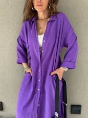 Purple Button-up Pocket Shirt Dress with Slit