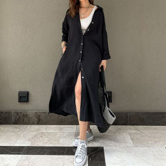 Black Button-up Pocket Shirt Dress with Slit