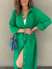 Green Button-up Pocket Shirt Dress with Slit