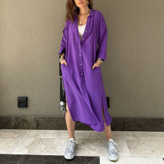Purple Button-up Pocket Shirt Dress with Slit