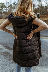 Black Button Zipper Hooded Plus Size Puffer Vest