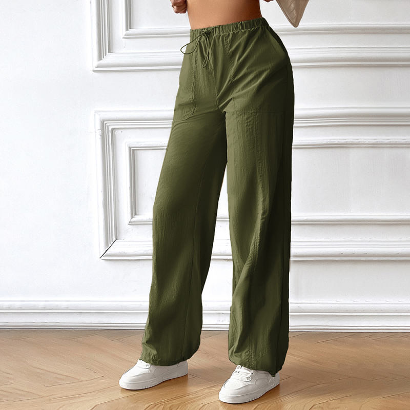 Army Green Solid Color Loose Wide Leg Casual Pants