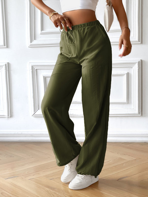 Army Green Solid Color Loose Wide Leg Casual Pants