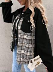 Black Spliced Plaid Button Pocket Shacket