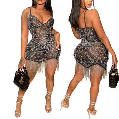 Black Spaghetti Straps Sheer Mesh Rhinestone